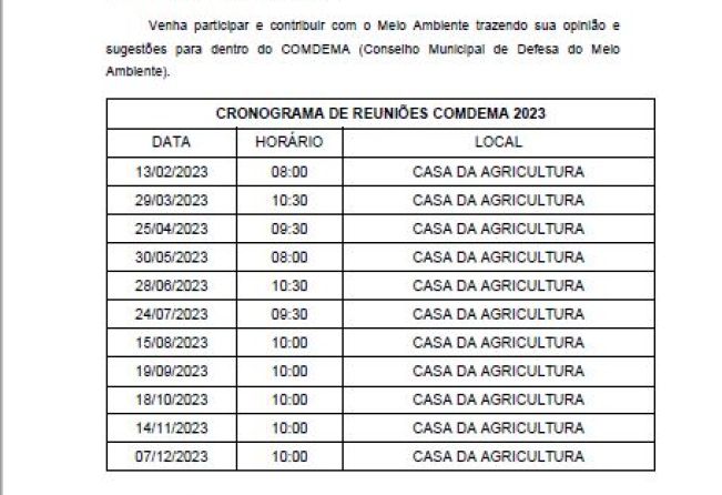 CRONOGRAMA DE REUNIÕES COMDEMA 2023