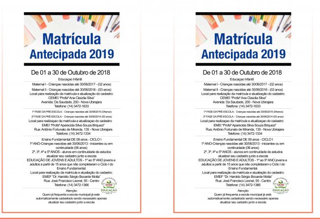 Educação Municipal abre matrículas antecipadas para 2019